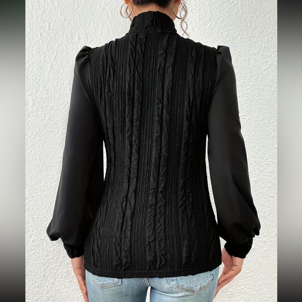Luxe black ruched high neck long sleeve top - Picture 3 of 6